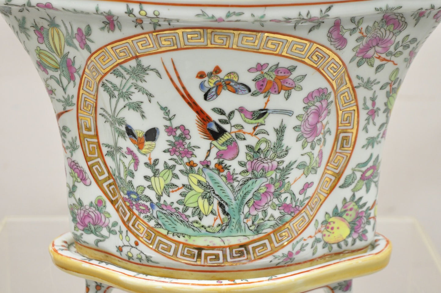 Vintage Chinese Export Porcelain Bird Painted Cachepot Flower Pot - a Pair