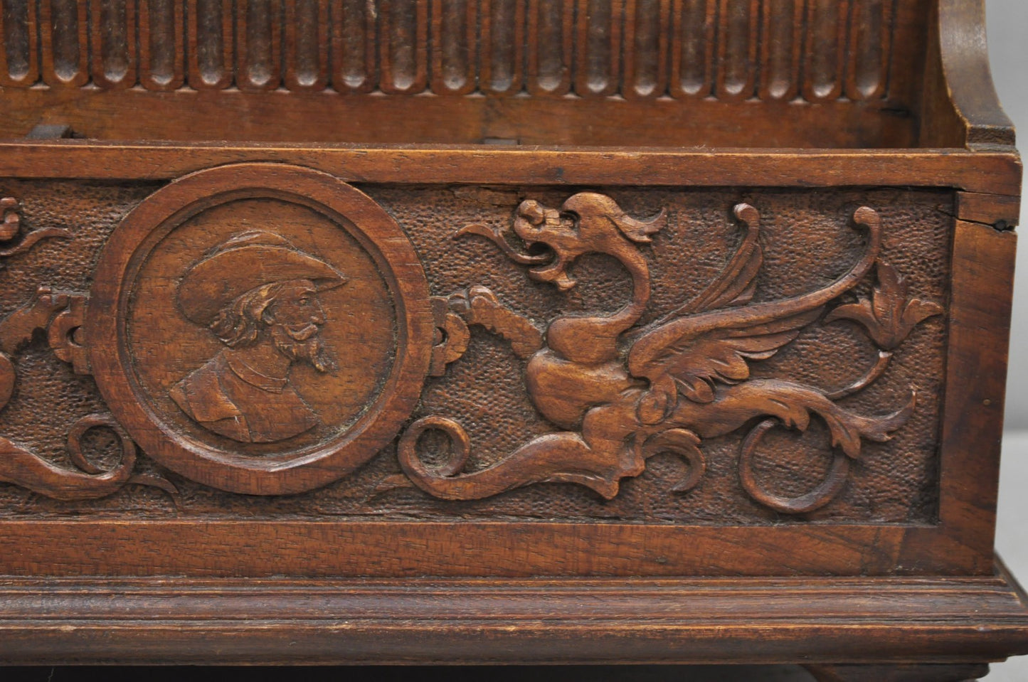 Antique Italian Renaissance Figural Carved Walnut Paw Foot Desk Letterbox