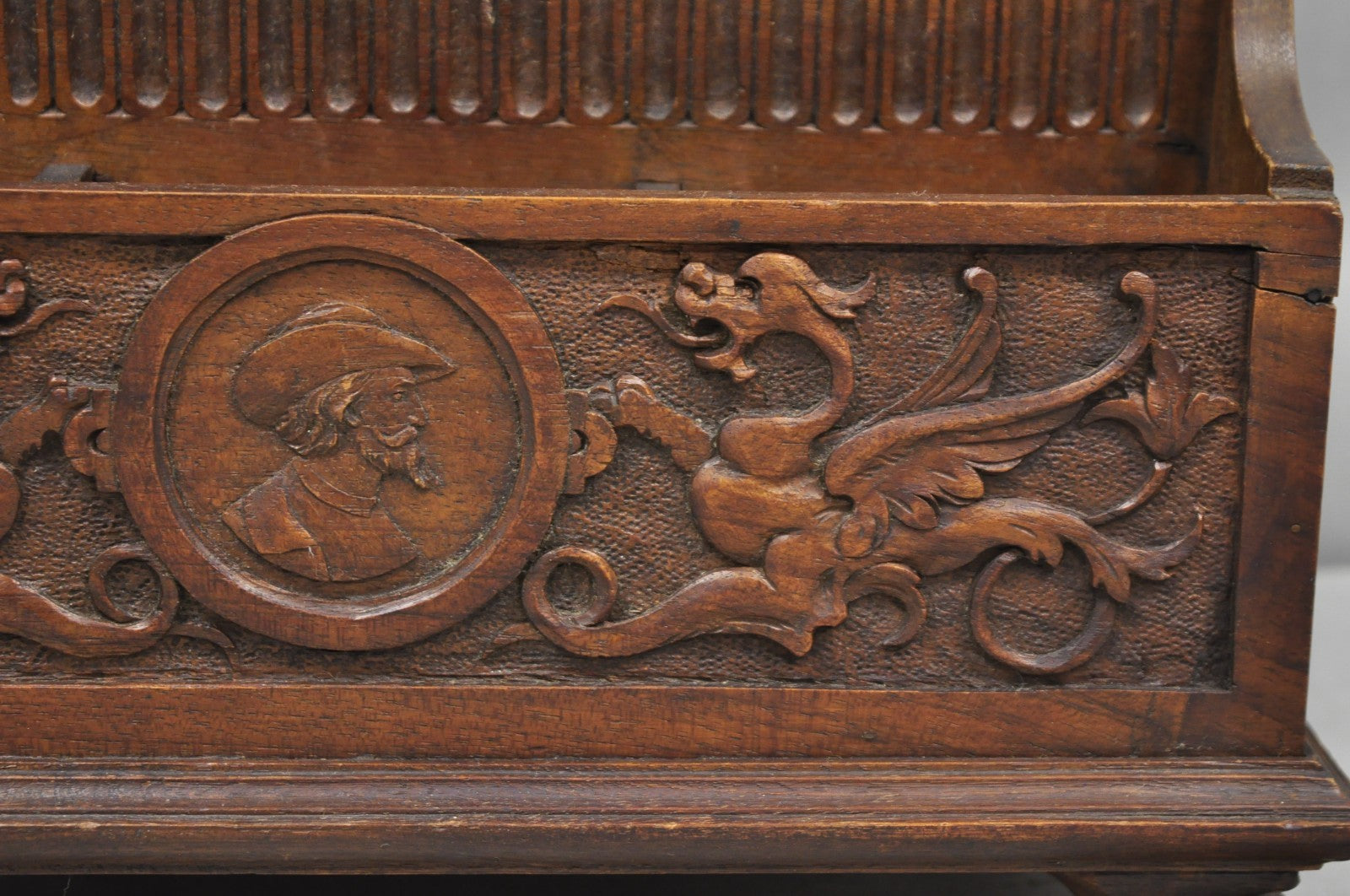 Antique Italian Renaissance Figural Carved Walnut Paw Foot Desk Letterbox