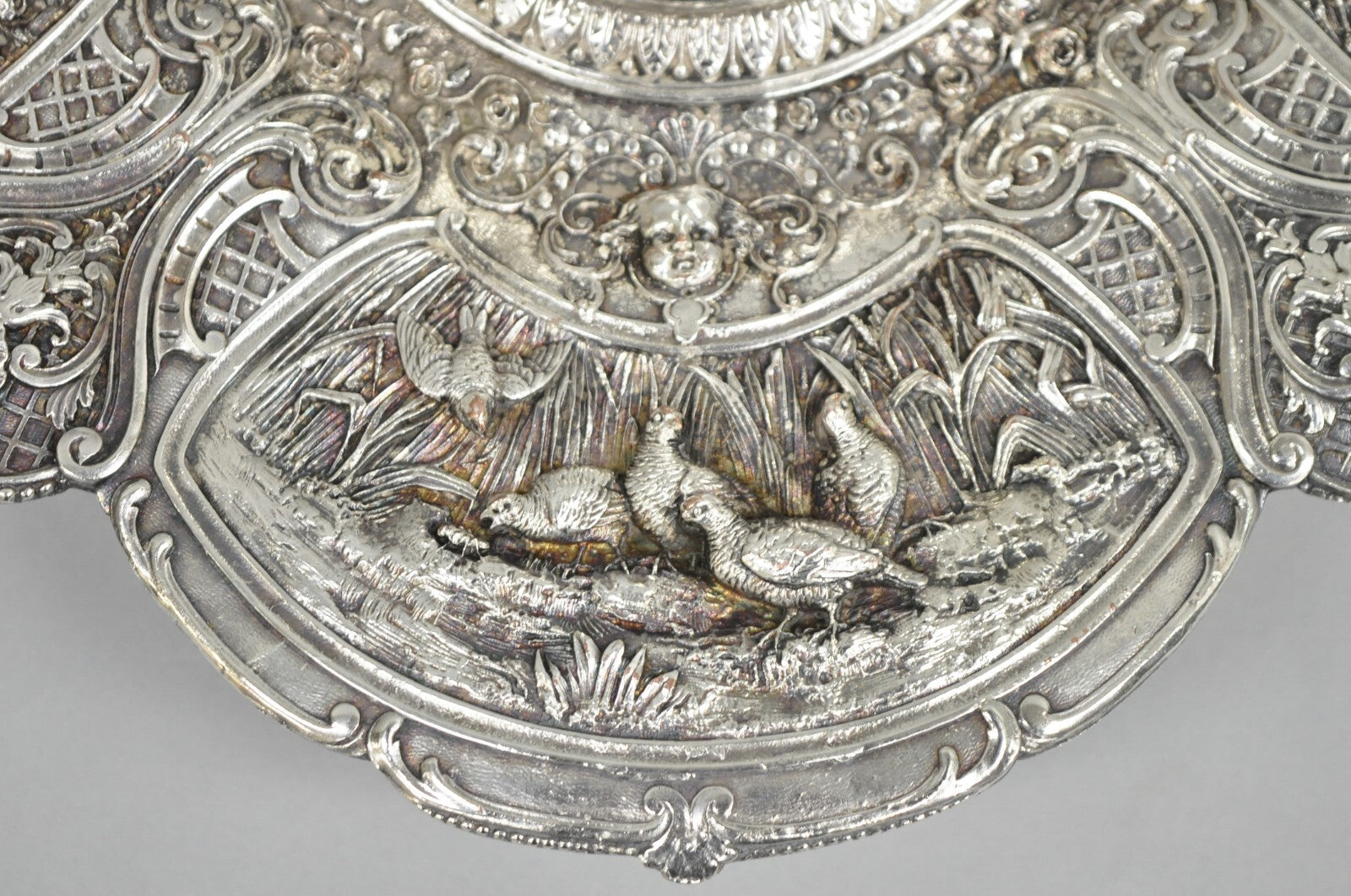Antique English Victorian Stag Mounted Crystal Glass Inkwell Silver Plated Tray