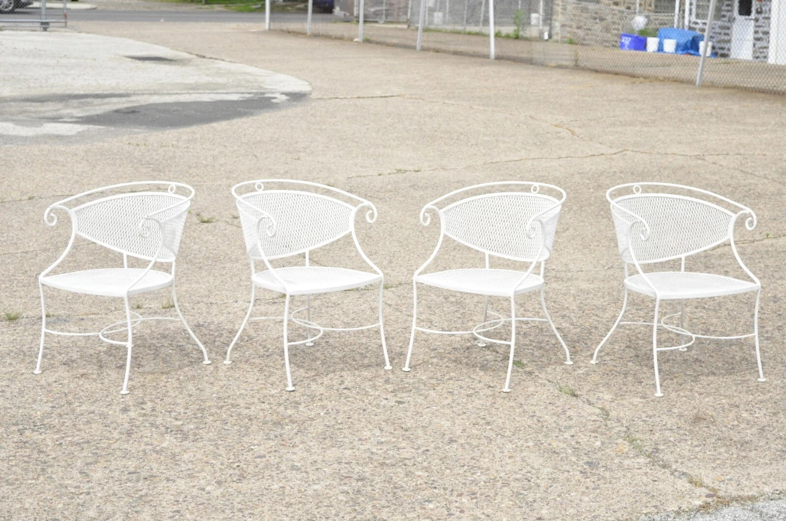 Vintage Hollywood Regency Scrolling Wrought Iron Barrel Back Patio Chairs Set 4