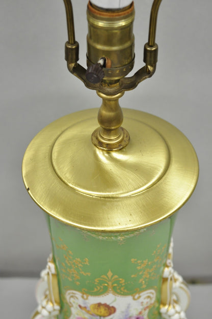 Antique Victorian Green Austrian Porcelain Hand Painted Flower French Table Lamp