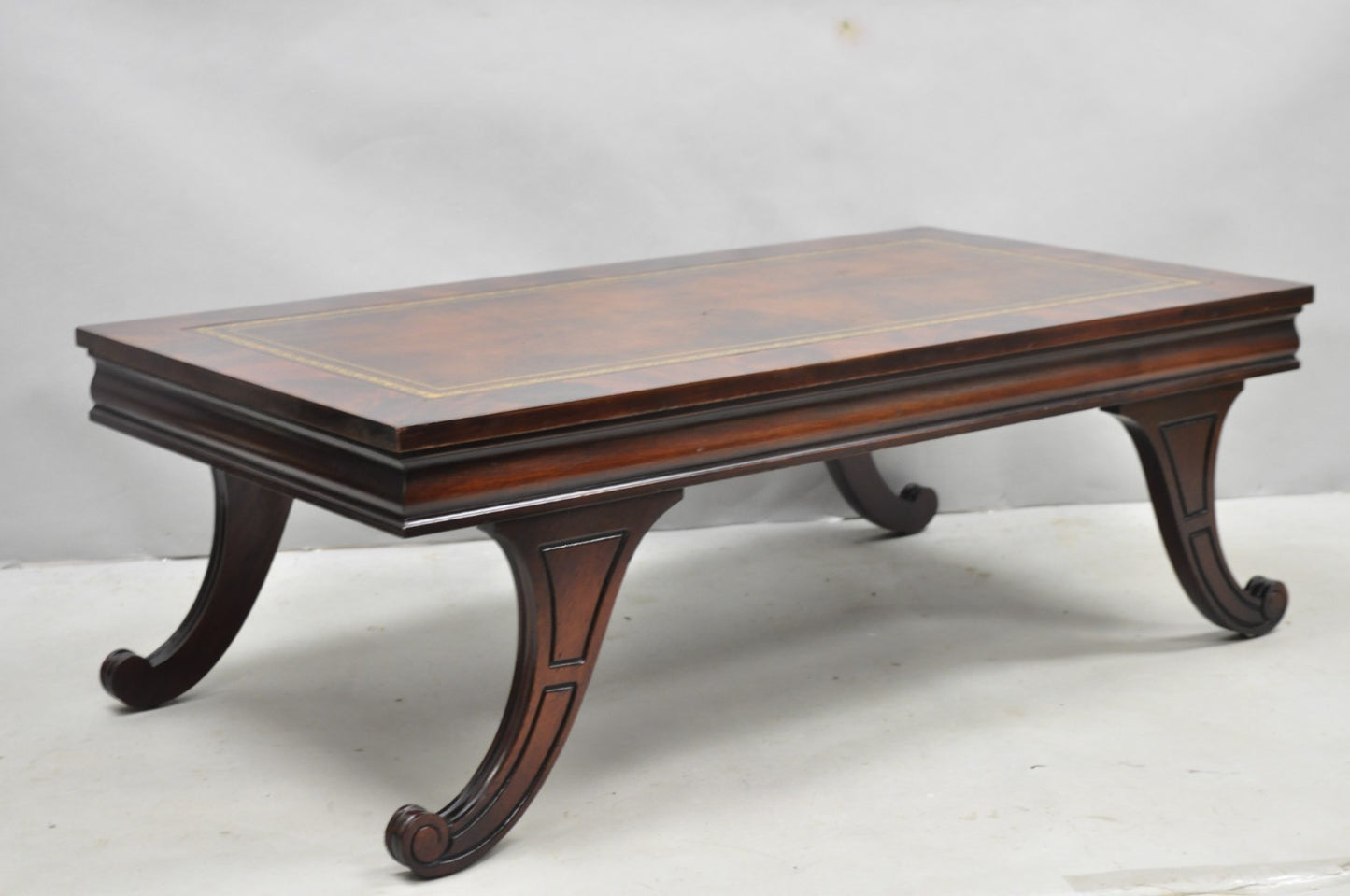 Vintage French Regency Mahogany Leather Top Saber Leg Coffee Table attr Weiman