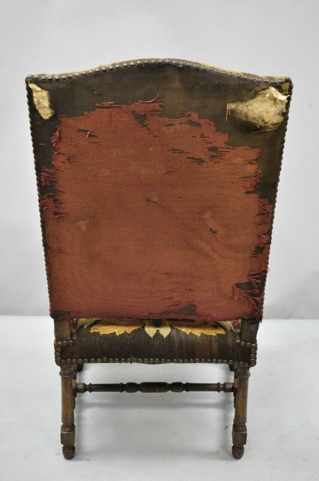 19th C. French Renaissance Needlepoint Upholstery Carved Walnut Throne Arm Chair