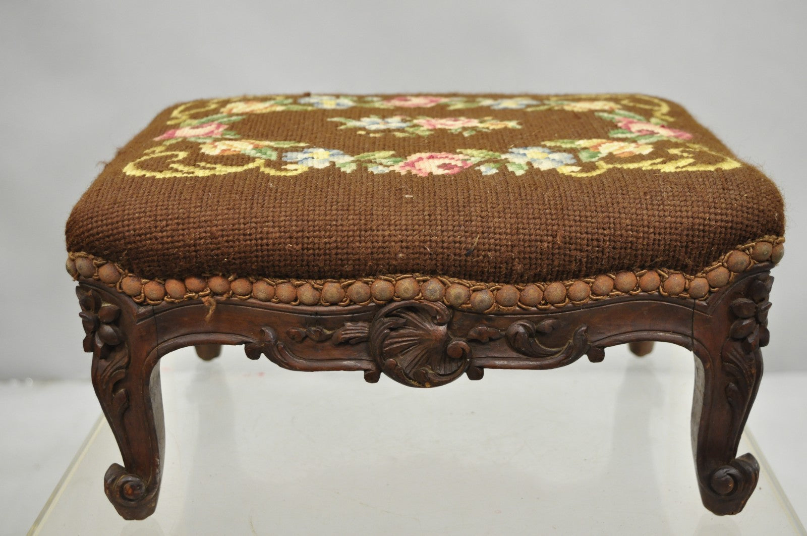 French Country Louis XV Carved Walnut Needlepoint Petite Footstool Ottoman