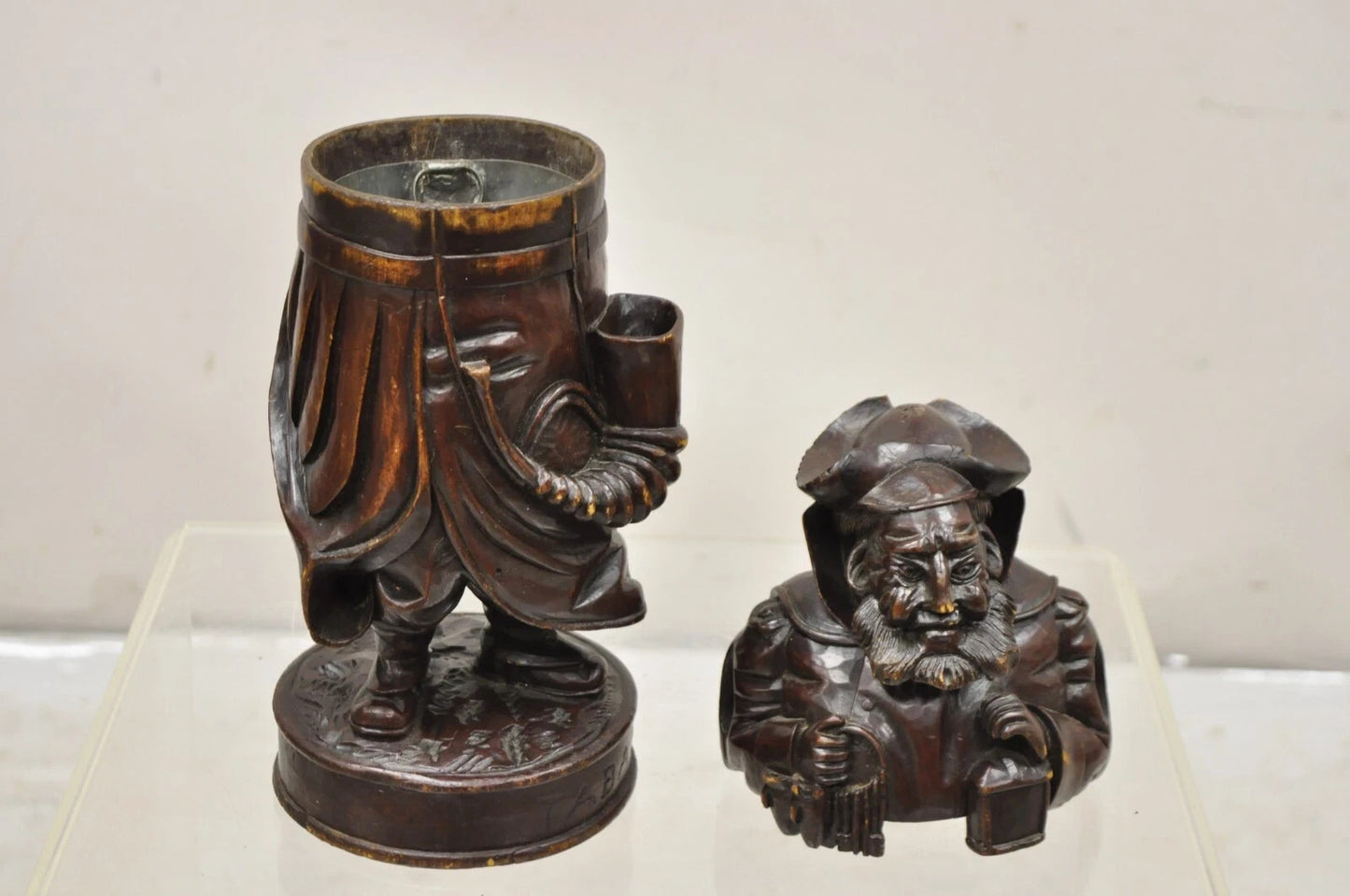 19th C. Black Forest Figural Wood Carved Night Watchman Lidded Tobacco Jar Box