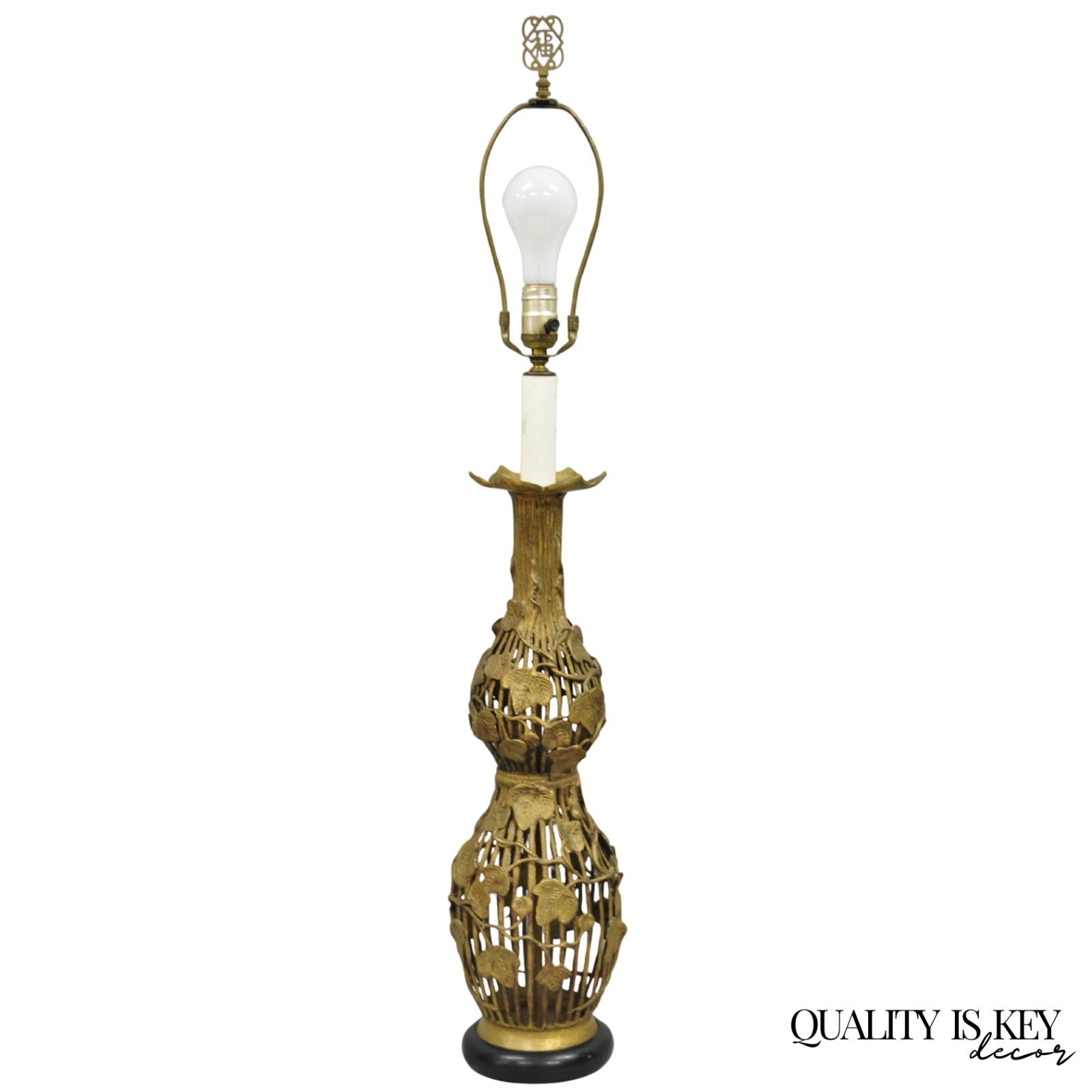 Vintage Italian Hollywood Regency Gold Gilt Metal Lotus & Vine Leaf Table Lamp