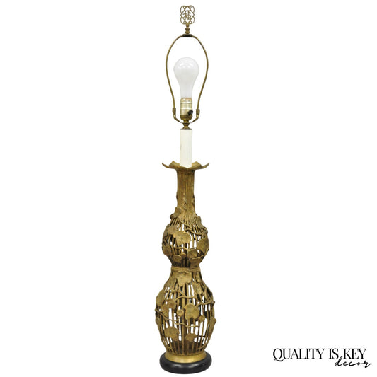 Vintage Italian Hollywood Regency Gold Gilt Metal Lotus & Vine Leaf Table Lamp