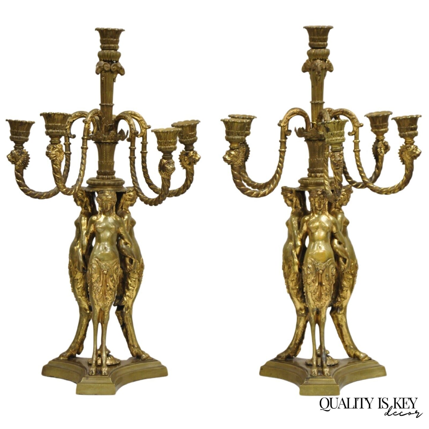 Antique French Neoclassical Bronze Figural Satyress Candelabras - a Pair