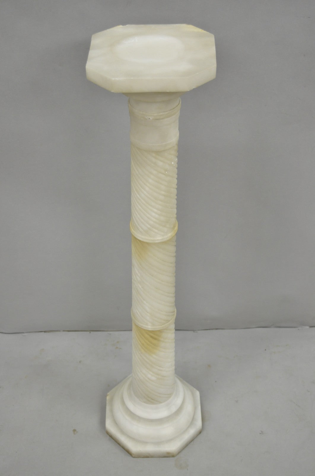 Antique Italian Neoclassical Carved Alabaster Spiral Column Narrow Pedestal
