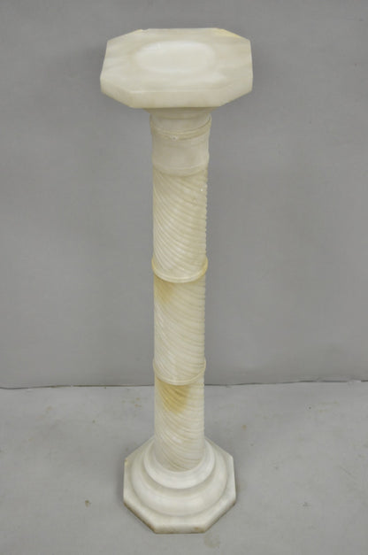 Antique Italian Neoclassical Carved Alabaster Spiral Column Narrow Pedestal
