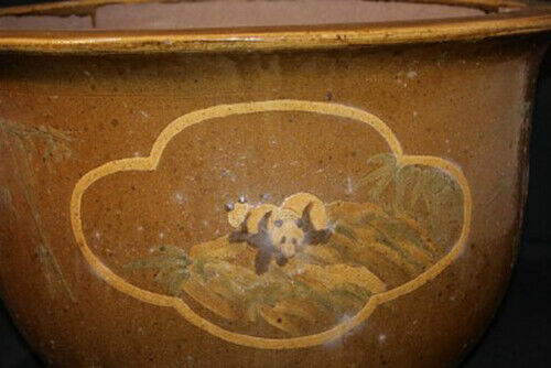 Chinese Chinoiserie Panda & Bamboo Pottery Jardiniere Garden Planter Flower Pot