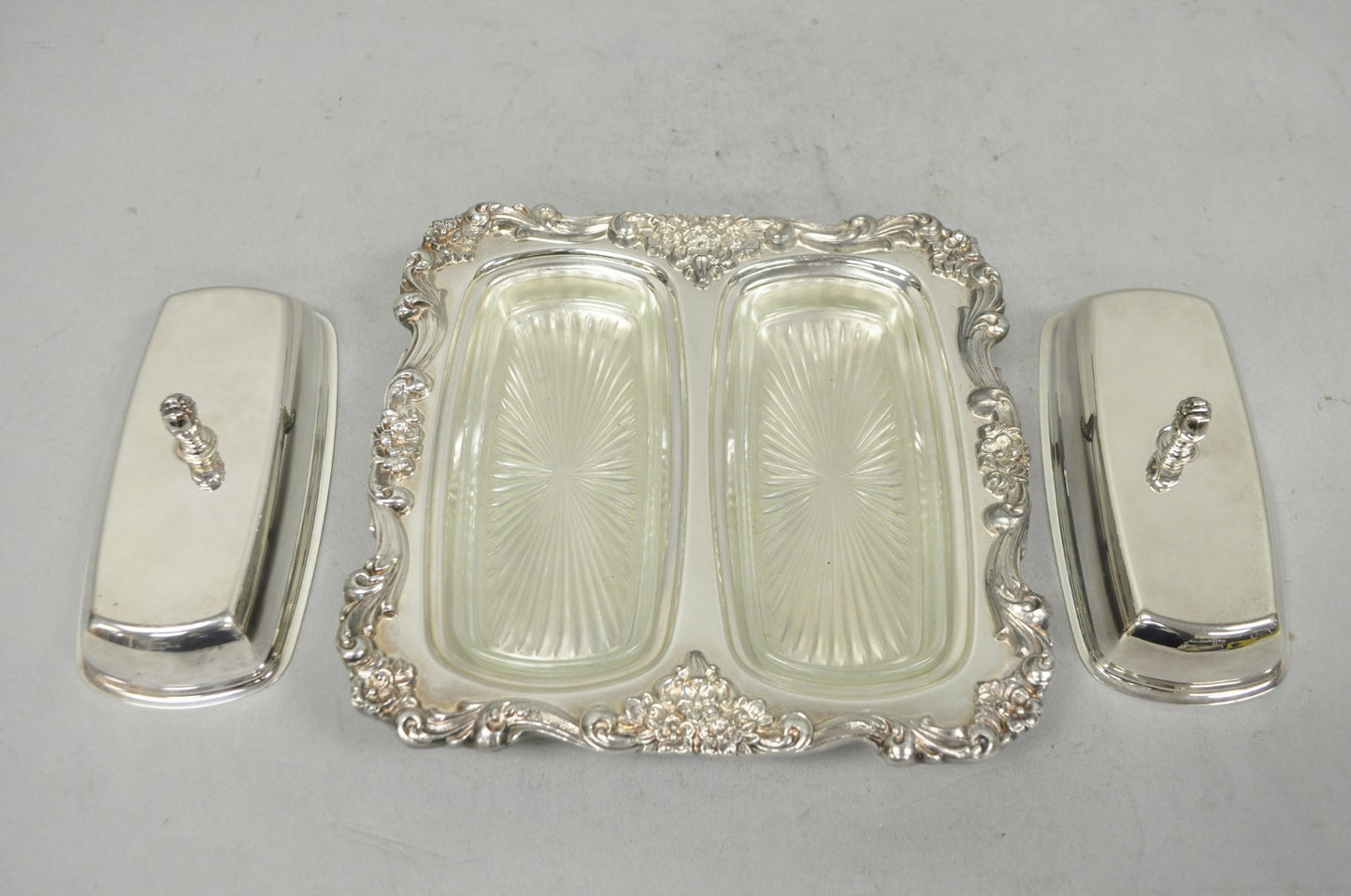 Vintage Poole Lancaster Rose Victorian Silver Plated Twin Double Butter Dish