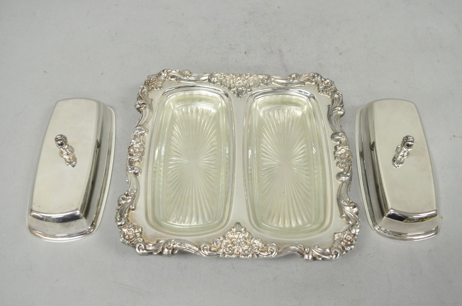 Vintage Poole Lancaster Rose Victorian Silver Plated Twin Double Butter Dish