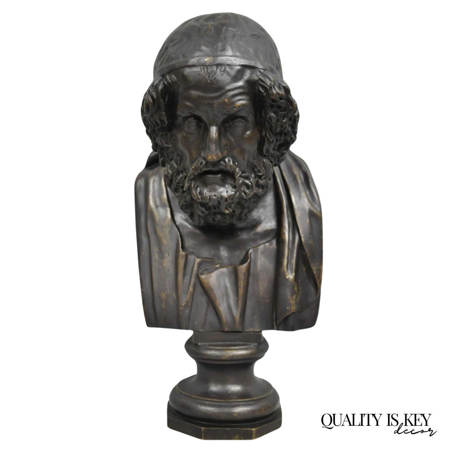 Vintage Greek Classical Style Patinated Cast Bronze Bust Sculpture of Homer