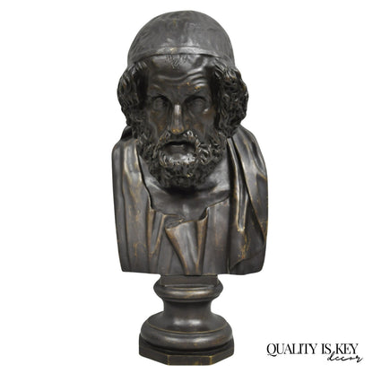 Vintage Greek Classical Style Patinated Cast Bronze Bust Sculpture of Homer
