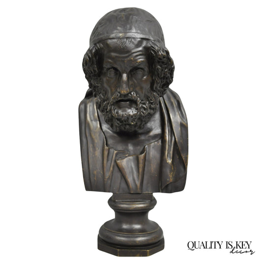 Vintage Greek Classical Style Patinated Cast Bronze Bust Sculpture of Homer