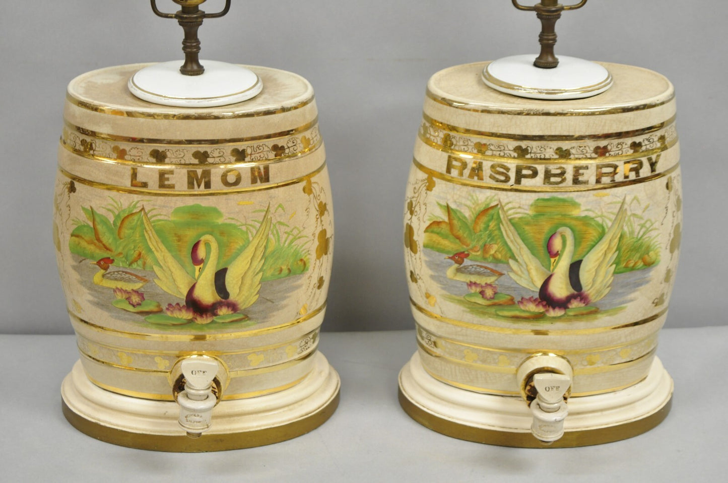 Antique Nichols Salford & Co Raspberry & Lemon Spirit Barrel Table Lamps a Pair