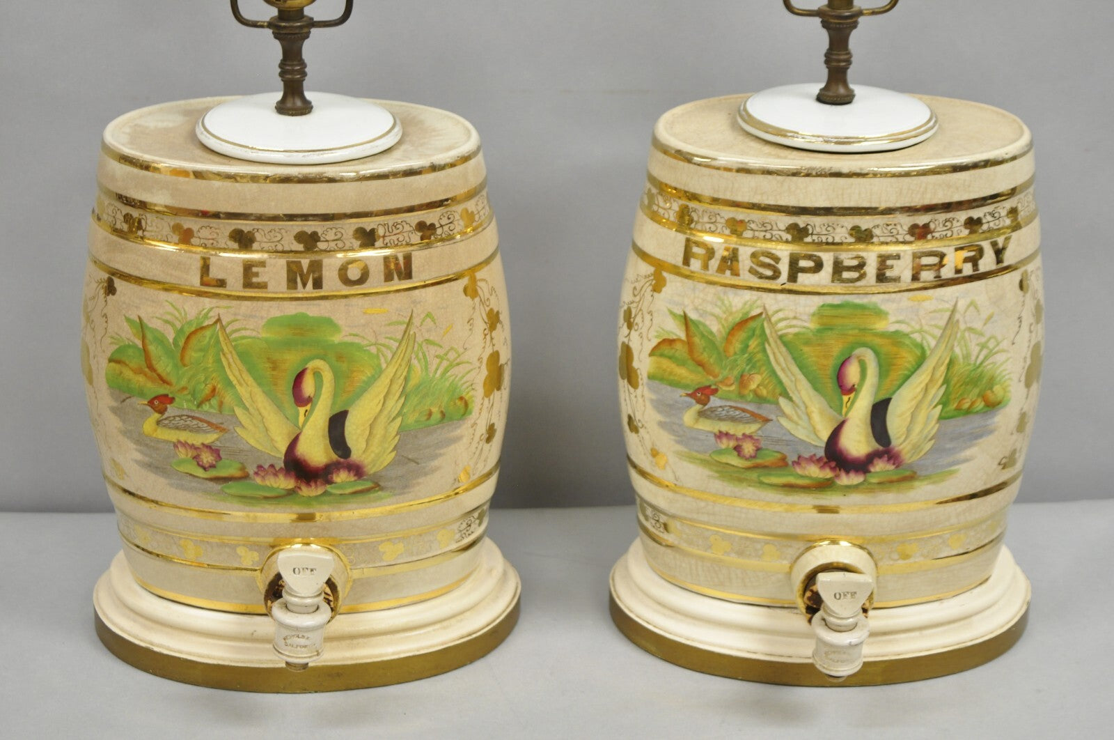 Antique Nichols Salford & Co Raspberry & Lemon Spirit Barrel Table Lamps a Pair