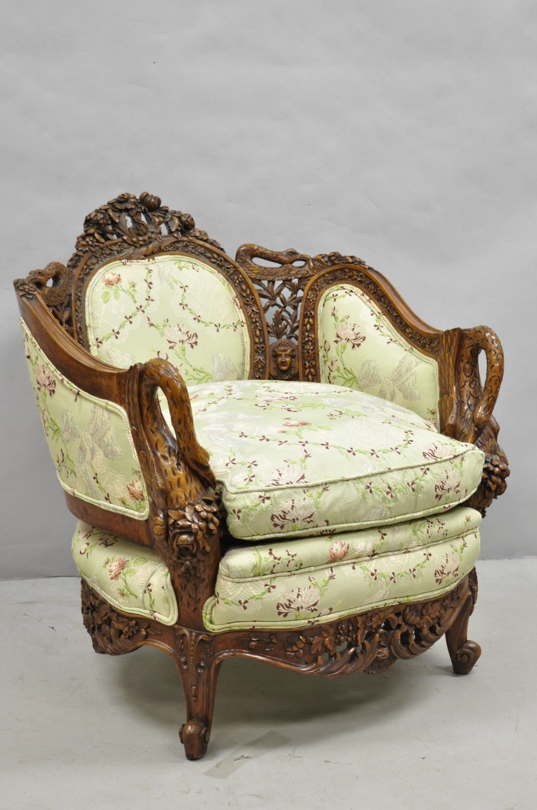 Antique Italian Regency Swan Carved Walnut French Victorian Club Lounge Chair