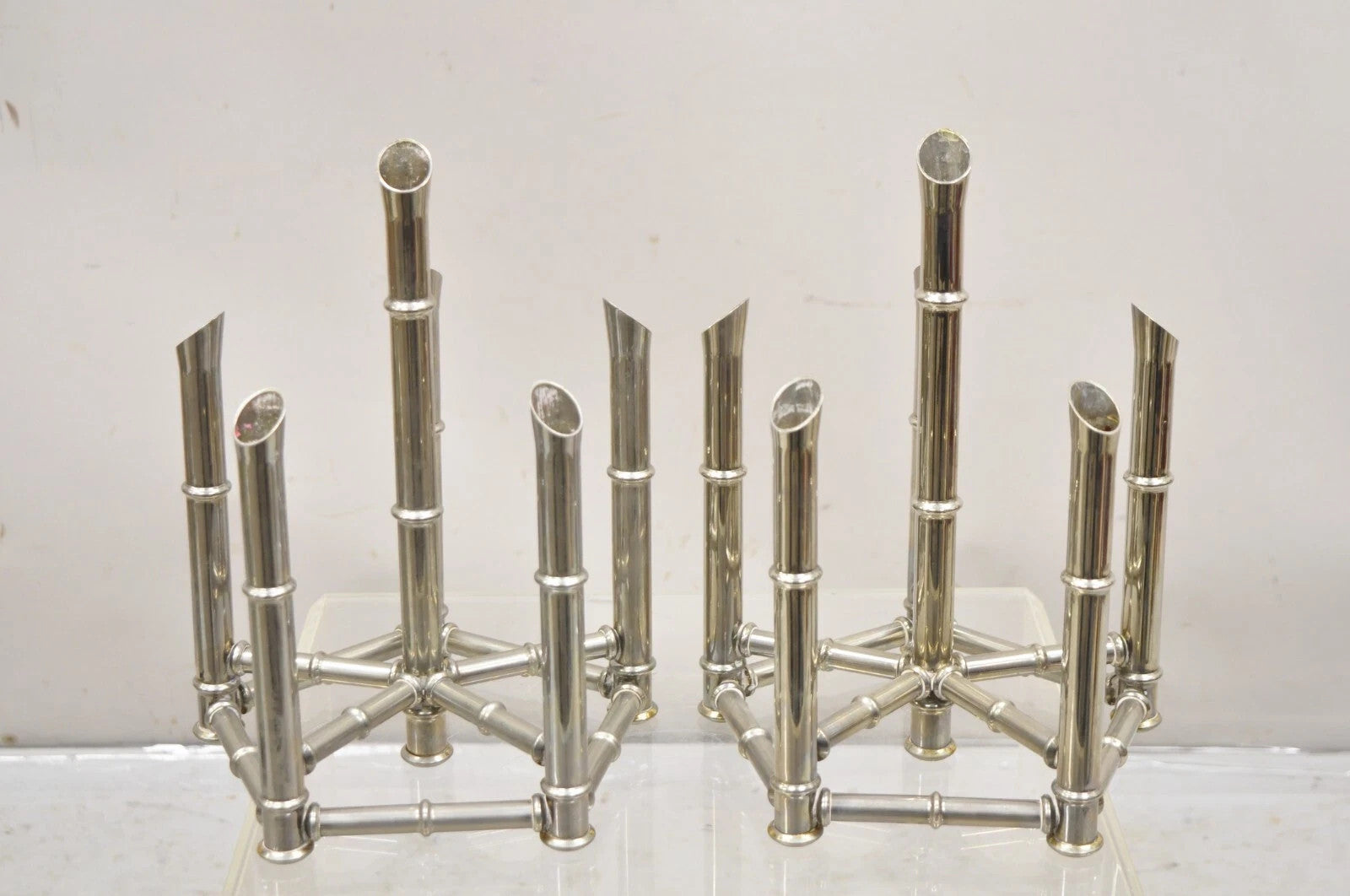 Vintage Hollywood Regency Silver Plated Chrome Faux Bamboo Candlesticks - a Pair