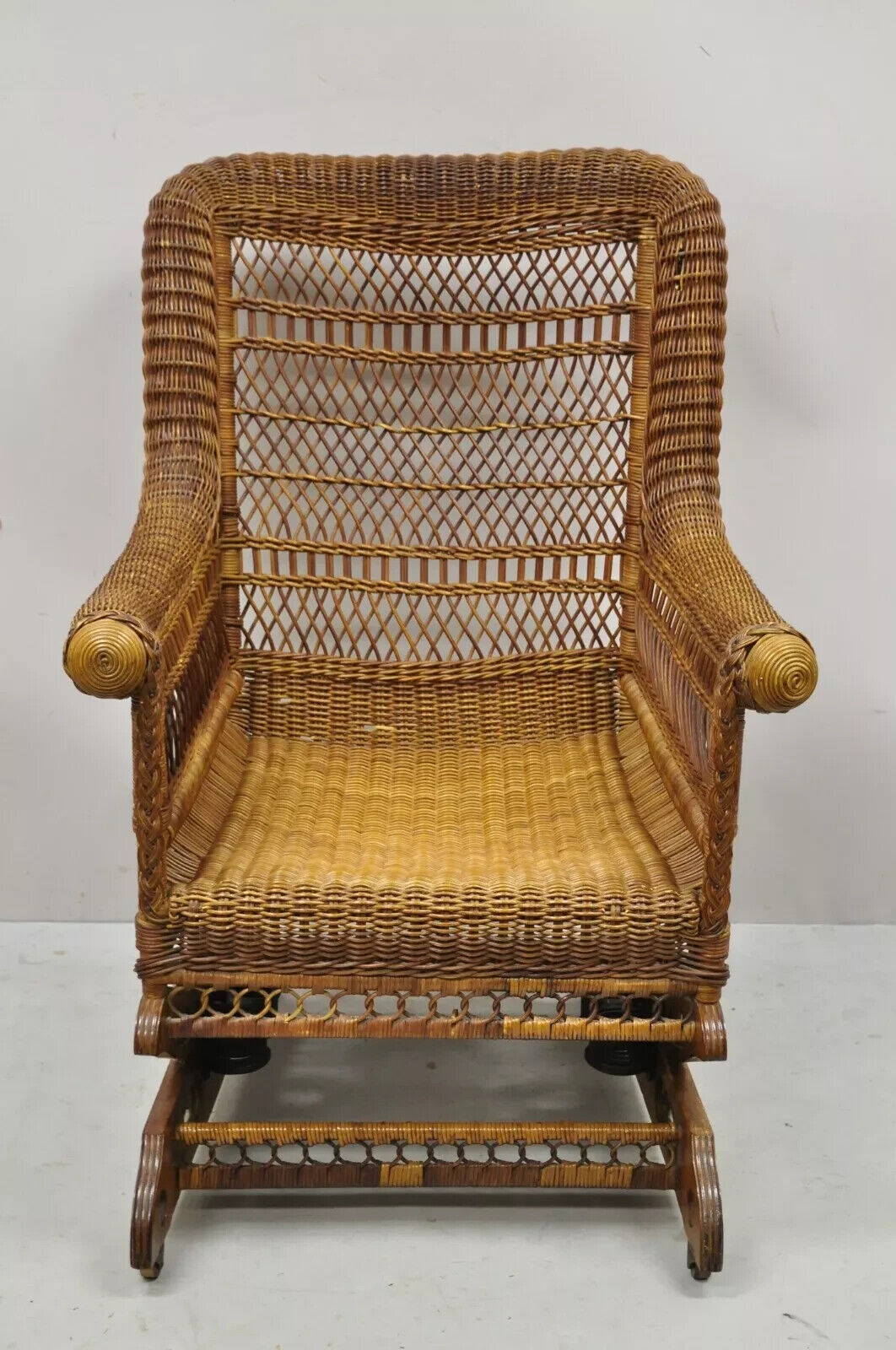 Antique Heywood Wakefield Victorian Woven Wicker Platform Rocker Rocking Chair