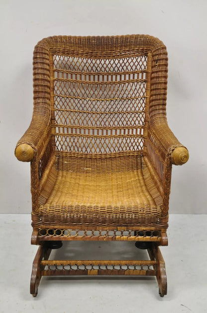Antique Heywood Wakefield Victorian Woven Wicker Platform Rocker Rocking Chair