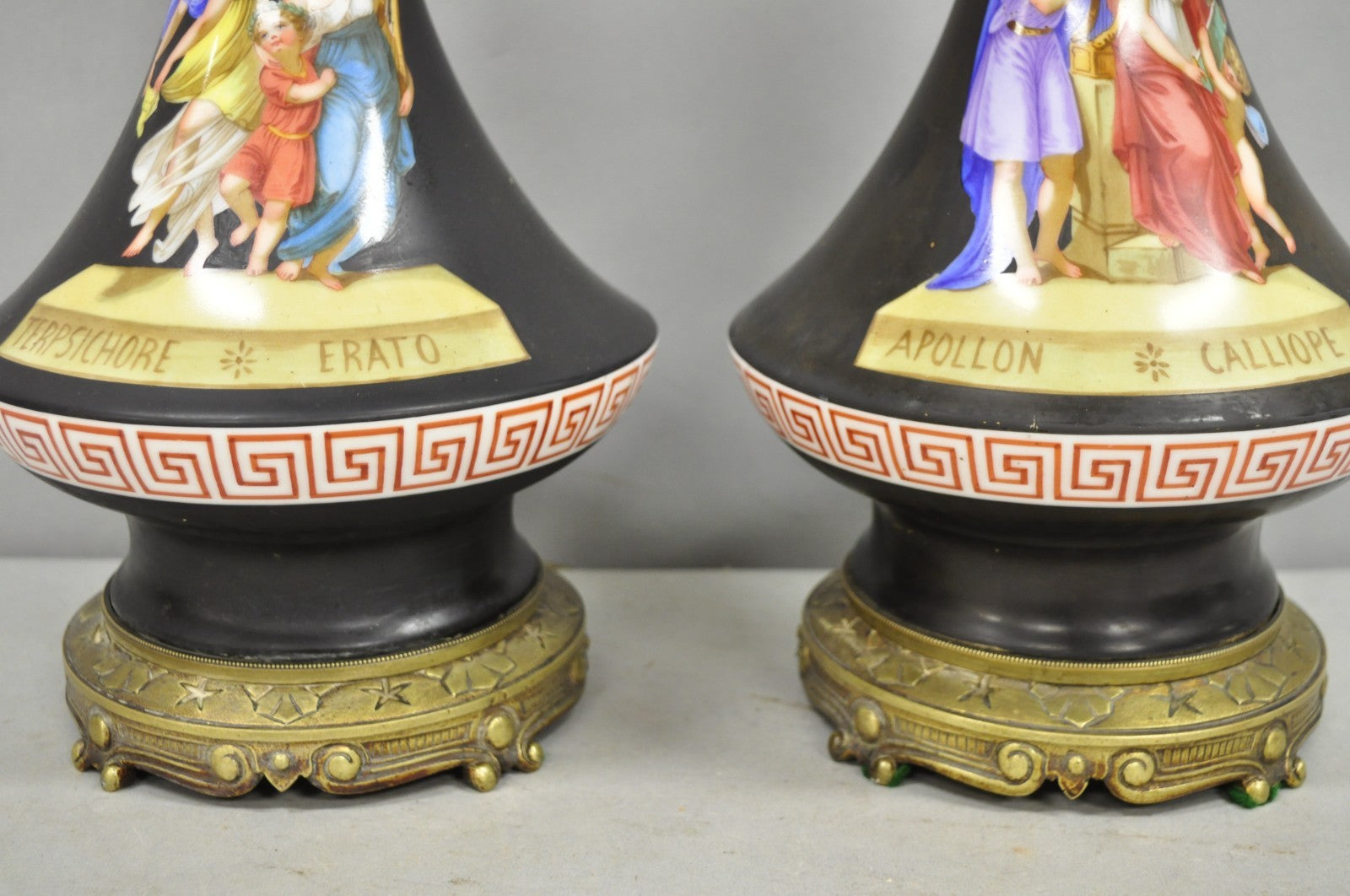 Antique French Neoclassical Bronze & Black Porcelain Painted Table Lamps - Pair