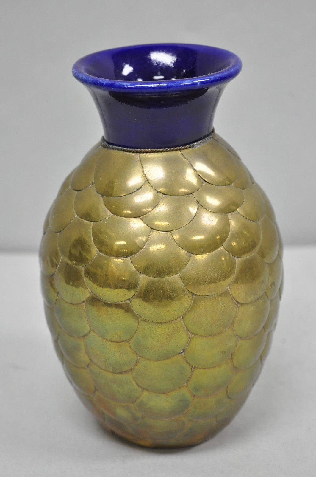 Mateos Mexico Tonala Pottery Mid Century Modern Brass Peacock Feather 7" Vase