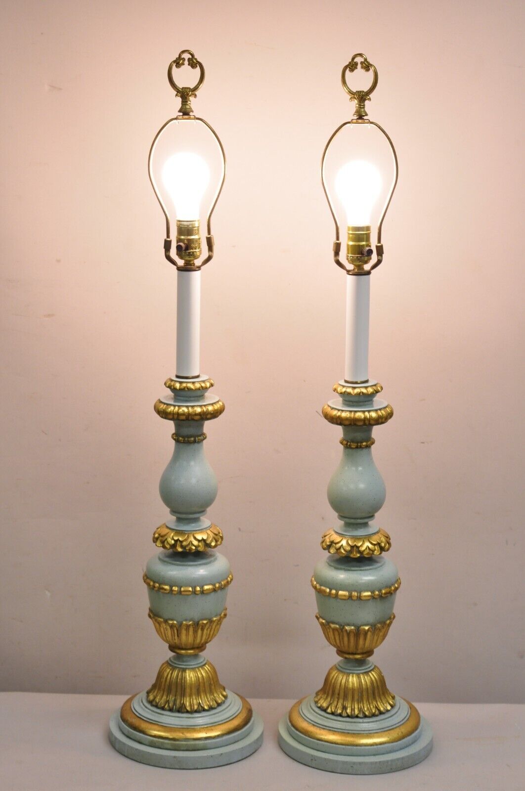 Italian Hollywood Regency Blue & Gold Carved Wood Candlestick Table Lamp - Pair