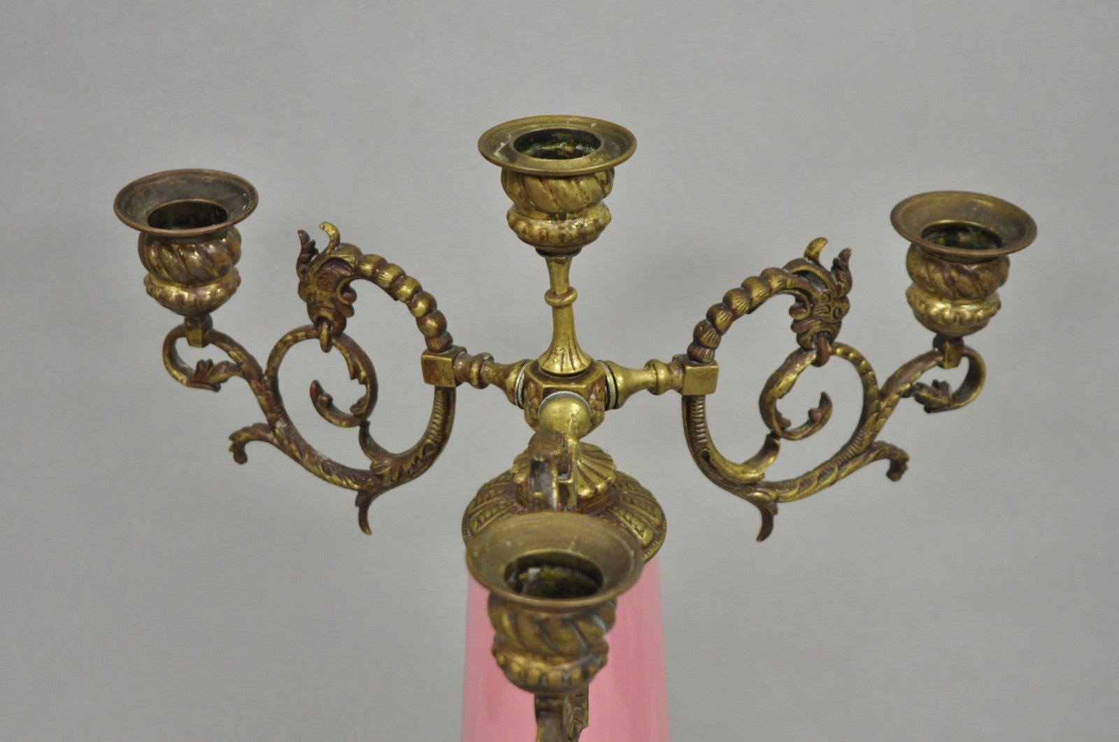 French Renaissance Art Nouveau Bronze 4 Candle Pink Glass Column Candelabra