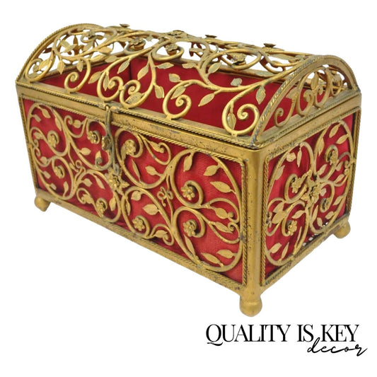 Vintage Hollywood Regency Style Gold Gilt Metal Red Jewelry Trinket Storage Box