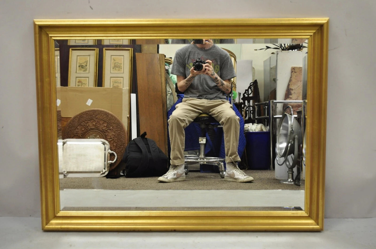 Vintage French Hollywood Regency Style Gold Wood Frame 46" Rectangle Wall Mirror