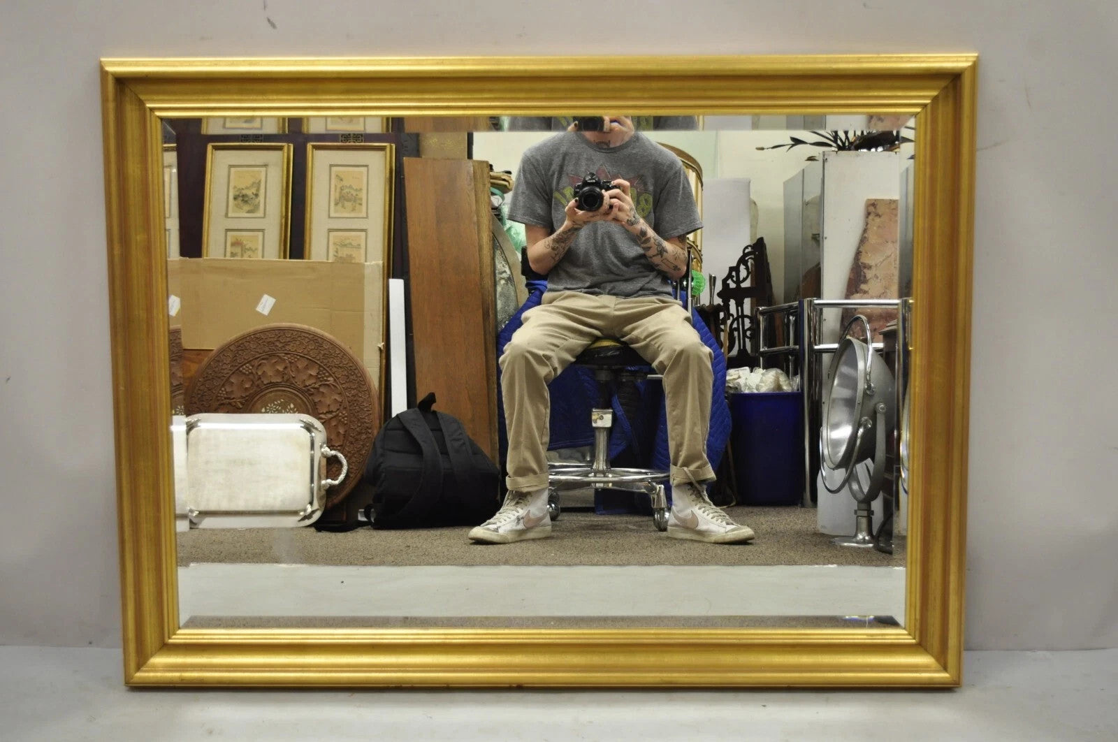 Vintage French Hollywood Regency Style Gold Wood Frame 46" Rectangle Wall Mirror
