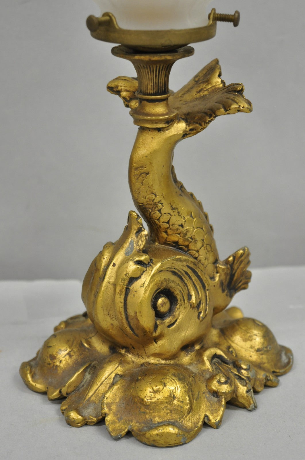 Antique French Art Nouveau Small Gold Gilt Metal Figural Dolphin Table Lamp