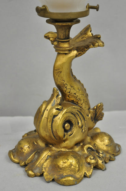 Antique French Art Nouveau Small Gold Gilt Metal Figural Dolphin Table Lamp