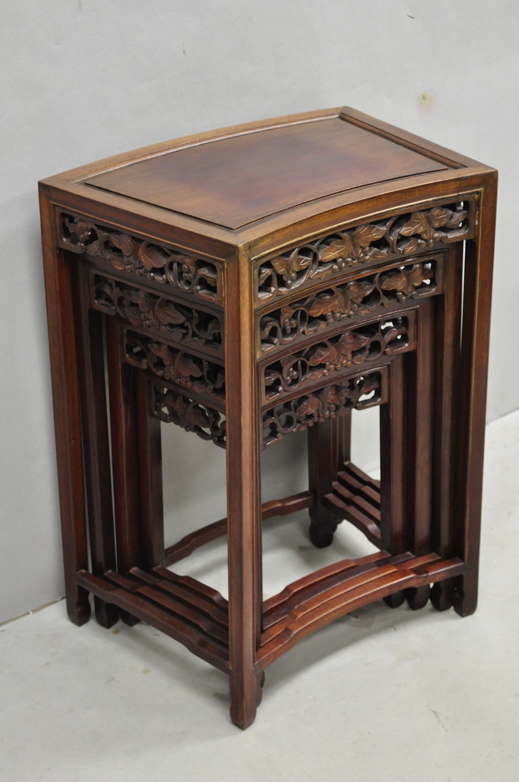 Vintage Chinese Carved Hardwood Curved Frame Nesting Side Tables - Set of 4