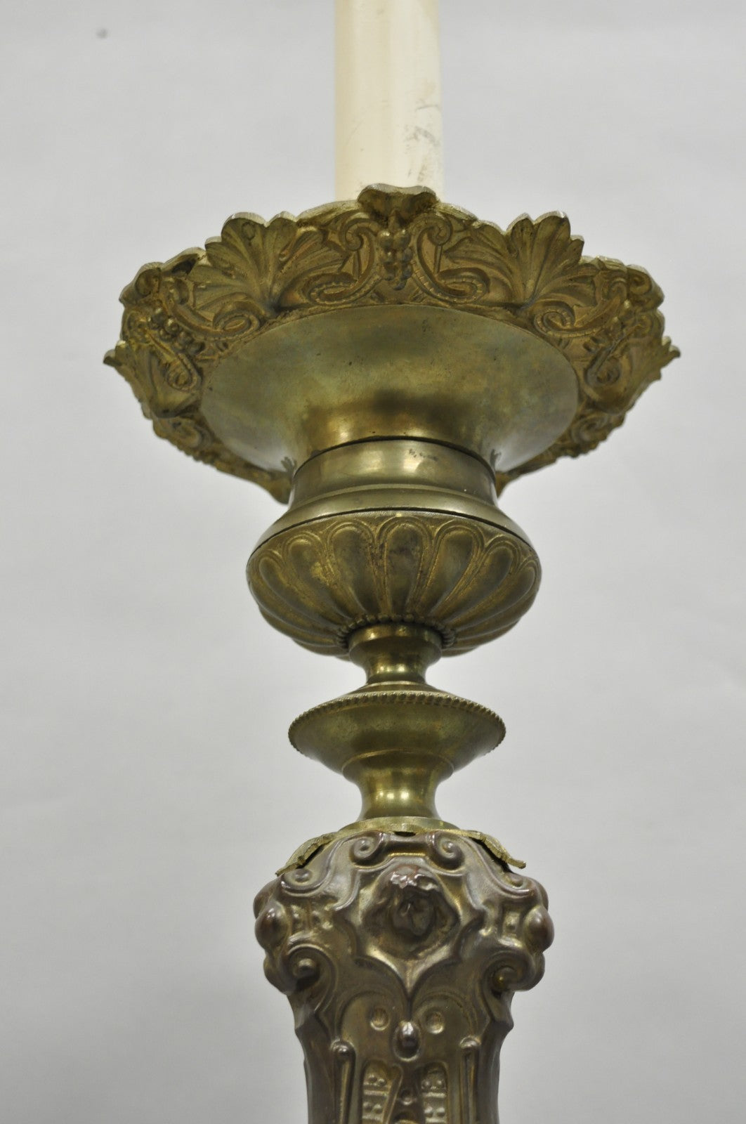 Antique French Renaissance Figural Brass Repousse Tall Candlestick Table Lamp
