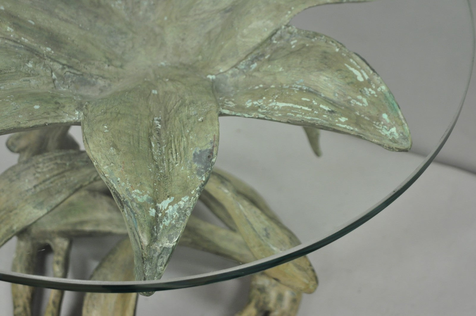 Vintage Arthur Court Green Verdigris Gilt Bronze & Glass Lily Flower Side Table