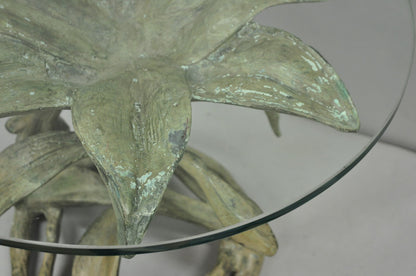 Vintage Arthur Court Green Verdigris Gilt Bronze & Glass Lily Flower Side Table