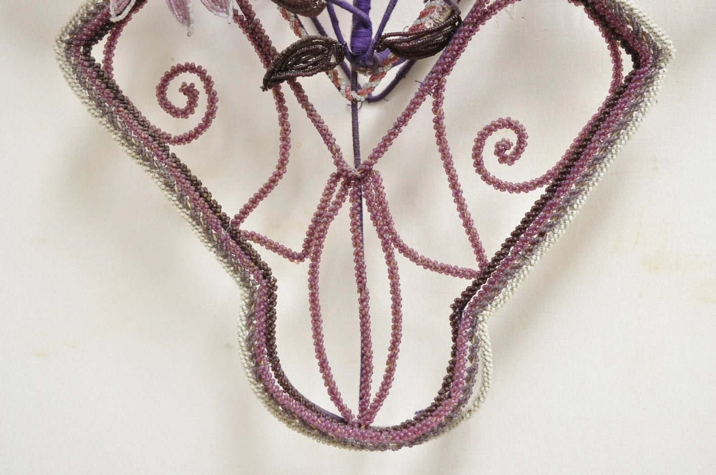 French Victorian Glass Beaded Purple Flower Casket Wreath Wall Art Sculpture (B)