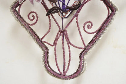 French Victorian Glass Beaded Purple Flower Casket Wreath Wall Art Sculpture (B)