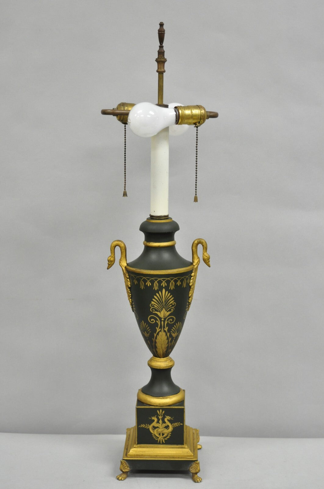 Vintage French Empire Green Tole Metal Gold Swan Painted Urn Table Lamp