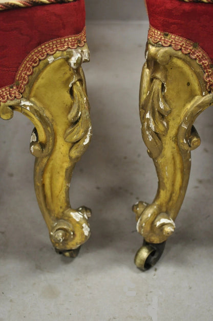 Antique Victorian Gold Giltwood Rococo Parlor Slipper Lounge Chairs - a Pair