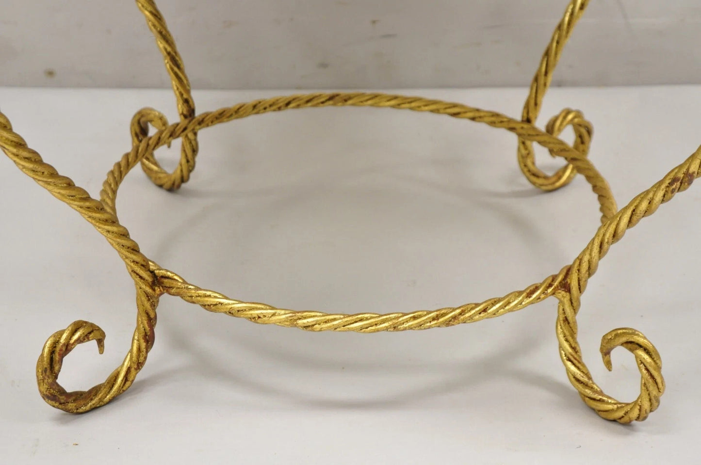 Vintage Italian Hollywood Regency Iron Gold Rope Round Mirror Top Coffee Table