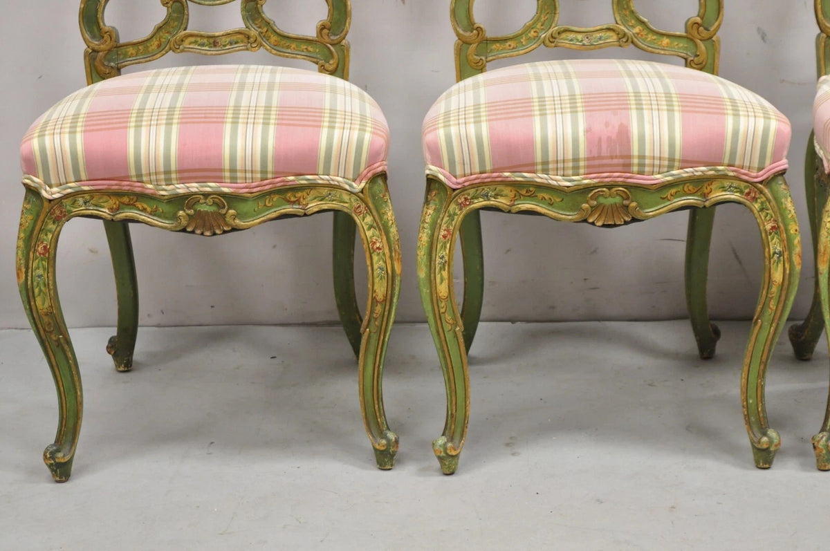 Antique Italian Venetian Green Floral Hand Painted Dining Side Chairs - Set of 4