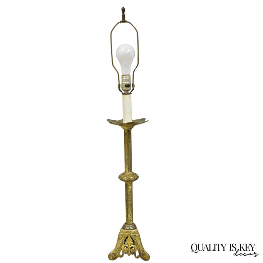 Antique French Renaissance Brass Religious Church Candlestick Table Lamp