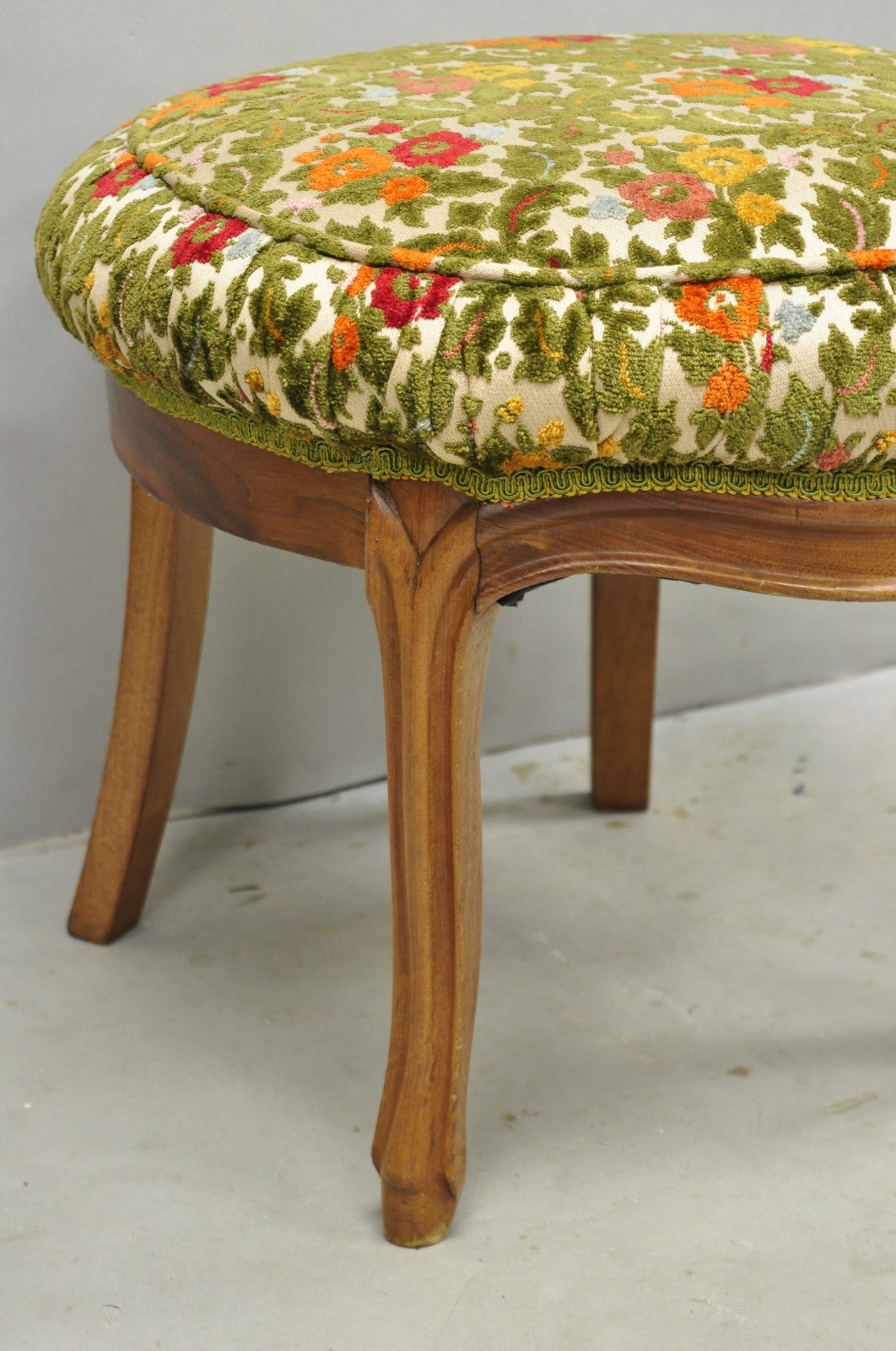 Vintage French Country Provincial Style Walnut Round Seat Vanity Bench Stool