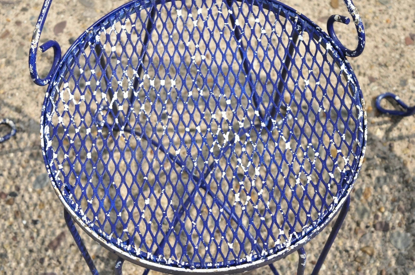 Vintage Victorian Blue Wrought Iron Small Garden Bistro Dining Chairs - Set of 4