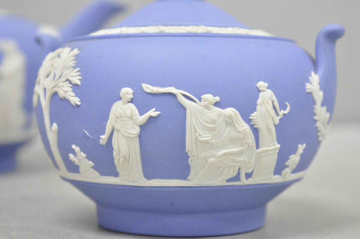 Antique Wedgwood Blue Jasperware Tea Set w/ Tea Pot Creamer Sugar Bowl 3 Pc Set
